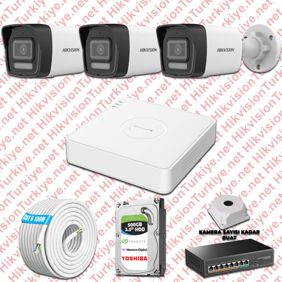 Hikvision İp 03 Kameralı Set 1080p Colorvu Mikrofonlu